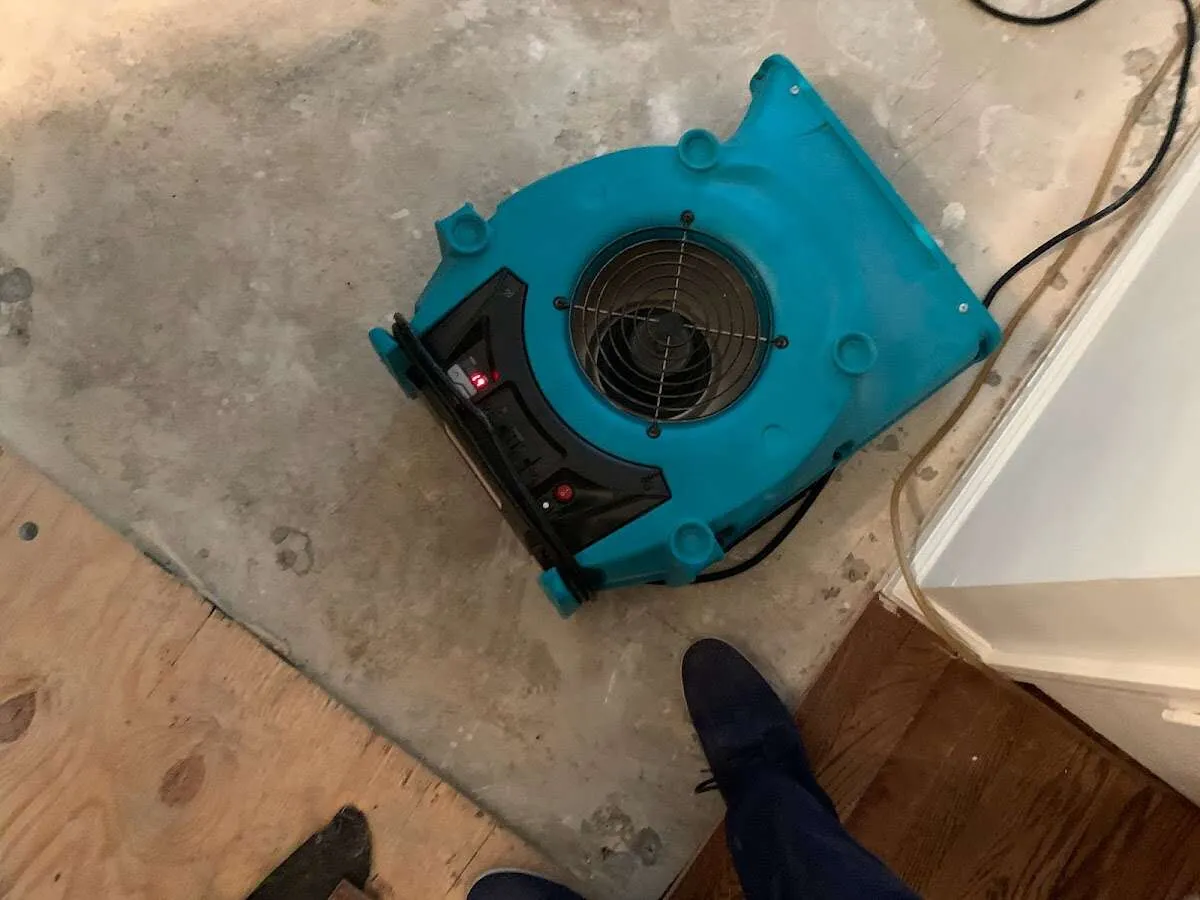 Air mover drying subfloor during Commercial Water Damage Restoration in Parsippany-Troy Hills